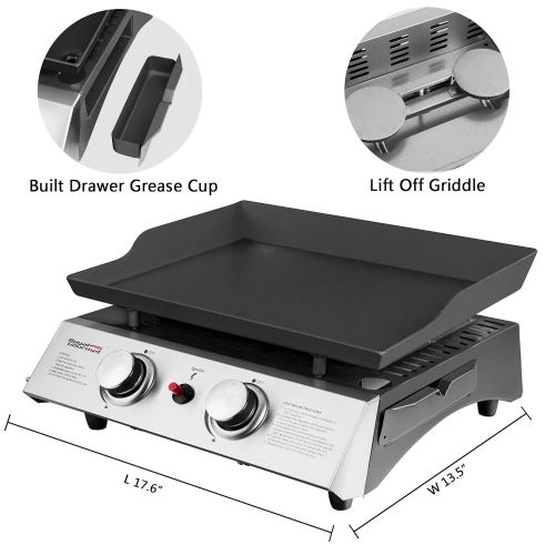  Royal Gourmet Portable Gas Griddle, Table Top Grill, 2 Burner, Propane, Outdoor Cooking for Camping, Picnic, or Tailgating （ Griddle + Carry Bag）