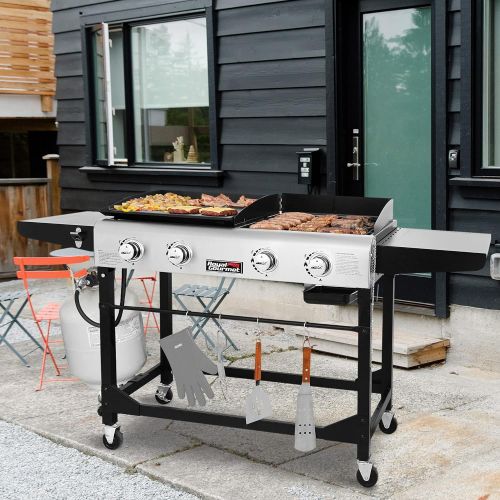  Royal Gourmet GD401 Portable Propane Gas Grill and Griddle Combo with Side Table 4-Burner, Folding Legs,Versatile, Outdoor Black