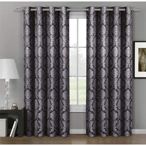  Aryanna Charcoal Top Grommet Jacquard Window Curtain Panel, Set of 2 Panels, 108x120 Inches Pair, by Royal Hotel