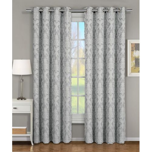  Blair Gray Top Grommet Jacquard Window Curtain Panel, Set of 2 Panels, 108x108 Inches Pair, by Royal Hotel