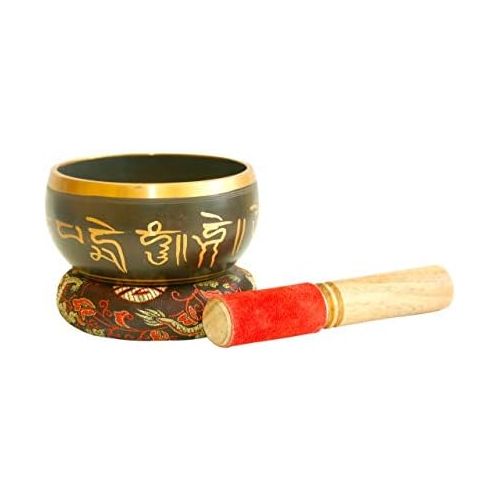  Royal Sapphire Tibetan Singing Bowl Set | Peace Mantra Design With Mallet and Silk Cushion - Promotes Peace, Chakra Healing, and Mindfulness | For Yoga, Meditation (black)명상종 싱잉볼