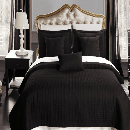  Royal Tradition Luxury Soft Checkered Diamond Stitched 3 Piece Coverlet Set Wrinkle-Free Reversible All Season Mini Bedspread Set -Black-FullQueen