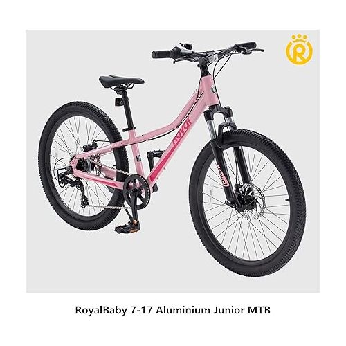  Royalbaby 7-17 Kids Junior Mountain Bike 24 Inch Aluminium MTB Teens Sport Bicycle 7-Speed Hardtail Dual Disc Brakes Front Suspension Boys Girls Ages 7 to 17 Years