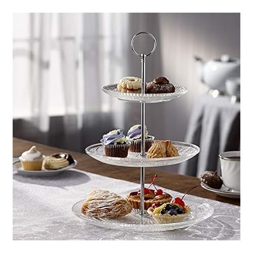  Royalty Art 3-Tiered Serving Stand (Glass) Beautiful, Elegant Dishware Serve Snacks, Appetizers, Cakes, Candies Durable, Reusable Party or Holiday Hosting (Silver) (1) (1)