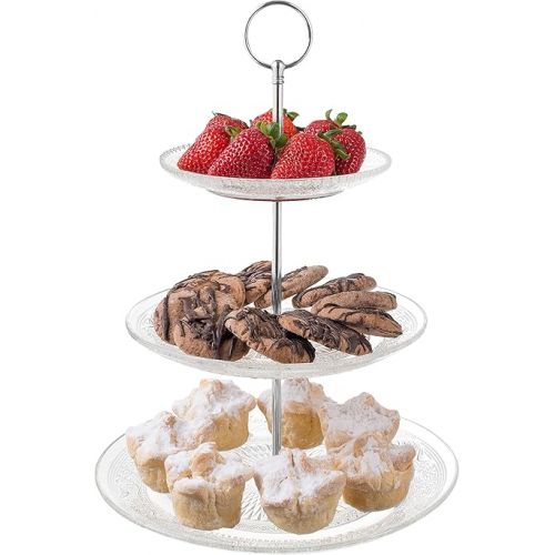  Royalty Art 3-Tiered Serving Stand (Glass) Beautiful, Elegant Dishware Serve Snacks, Appetizers, Cakes, Candies Durable, Reusable Party or Holiday Hosting (Silver) (1) (1)