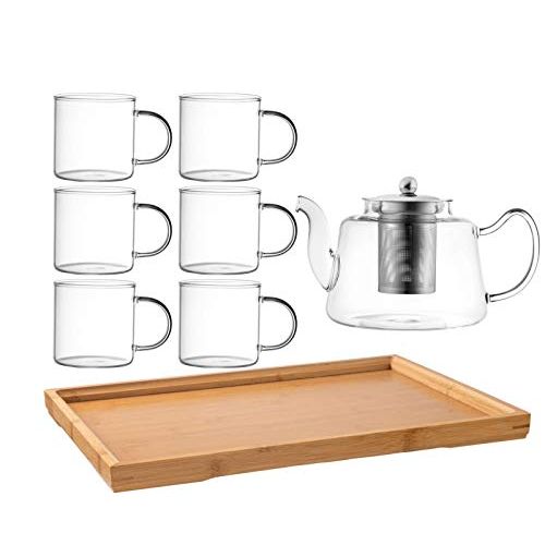  Royalty Art Vintage Glass Tea Set with Cups, Kettle Pot with Leaf Infuser, and Wood Serving Tray, Decorative and Modern Serving Dishware, Home and Party Use