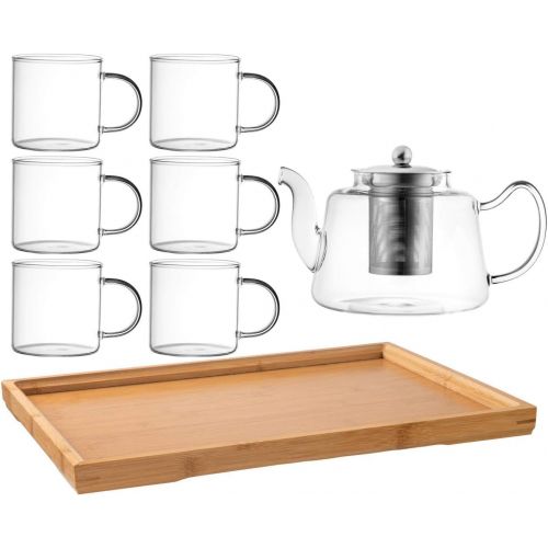  Royalty Art Vintage Glass Tea Set with Cups, Kettle Pot with Leaf Infuser, and Wood Serving Tray, Decorative and Modern Serving Dishware, Home and Party Use