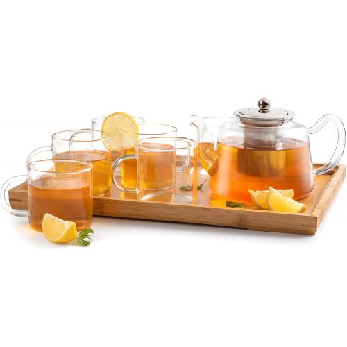  Royalty Art Vintage Glass Tea Set with Cups, Kettle Pot with Leaf Infuser, and Wood Serving Tray, Decorative and Modern Serving Dishware, Home and Party Use