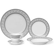 Royalty Porcelain Famous Vintage Platinum Greek 20-pc Silver Greek Dinner Set for 4, Premium Bone China