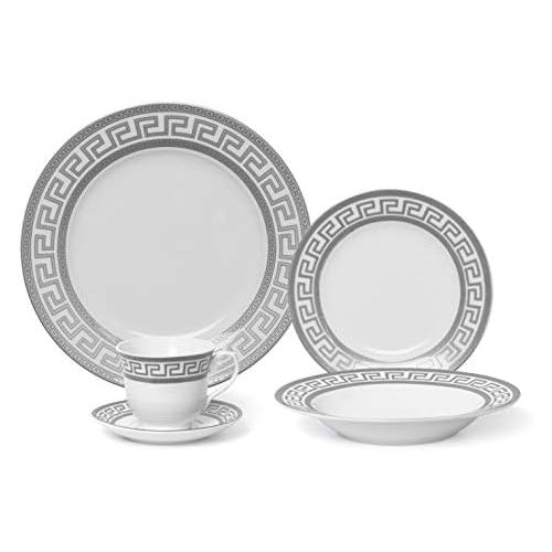  Royalty Porcelain Famous Vintage Platinum Greek 20-pc Silver Greek Dinner Set for 4, Premium Bone China