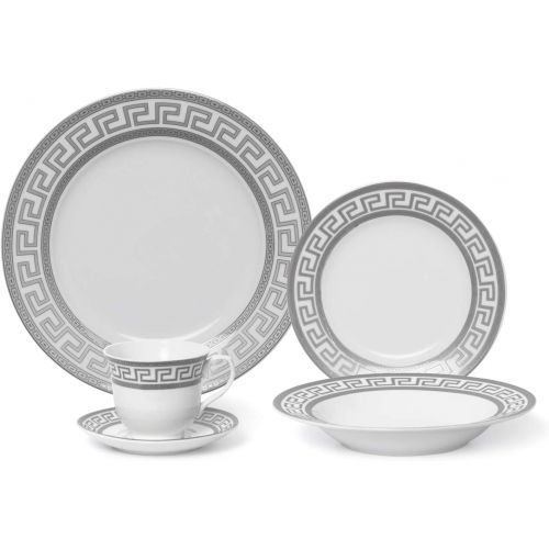  Royalty Porcelain Famous Vintage Platinum Greek 20-pc Silver Greek Dinner Set for 4, Premium Bone China