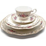 Royalty PorcelainRuby Rose 5-Piece White and Gold Floral Dinnerware Set, 24K Gold-Plated, Bone China Porcelain, Service for 1