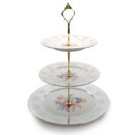 Royalty Porcelain 3-Tier Round Gold-plated Cake and Cupcake Stand, White Dessert Party Display Cake Set with Floral Pattern