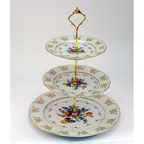  Royalty Porcelain 3-Tier Round Gold-plated Cake and Cupcake Stand, White Dessert Party Display Cake Set with Floral Pattern