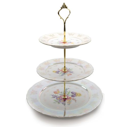  Royalty Porcelain 3-Tier Round Gold-plated Cake and Cupcake Stand, White Dessert Party Display Cake Set with Floral Pattern