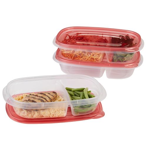  Rubbermaid TakeAlongs Divided Rectangular Food Storage Containers, 3.7 Cup, Tint Chili, 3 Count 1789975