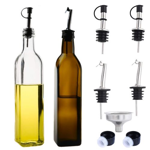  Ruckae STONEKAE Olive Oil Dispenser Set,2 pcs 17oz Olive Oil Bottles + 4 pcs Olive Oil Spout+Funnel,Olive Oil Bottle and Vinegar Bottle Glass Set for Kitchen