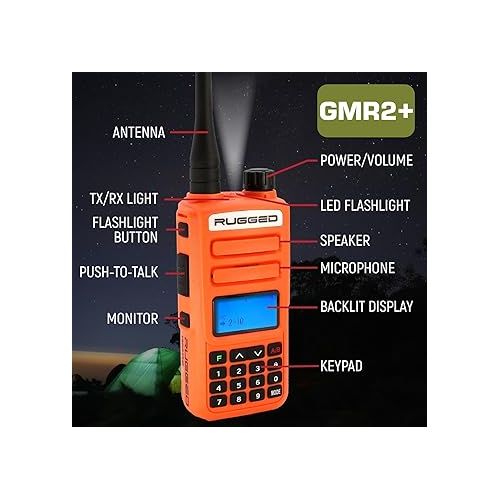  Rugged GMRS Two Way Handheld Radio Walkie Talkie for Hiking Camping Overlanding Off Road - Features Safety Orange Long Range Weather Channels and Rechargeable Battery