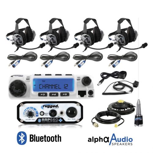  Rugged Radios RRP660PLUS Intercom and RM60 60 Watt VHF Two Way Mobile Radio 4 Place Race System Kit with Behind The Head Headsets, Push to Talk Cables, Intercom Cables, Antenna and