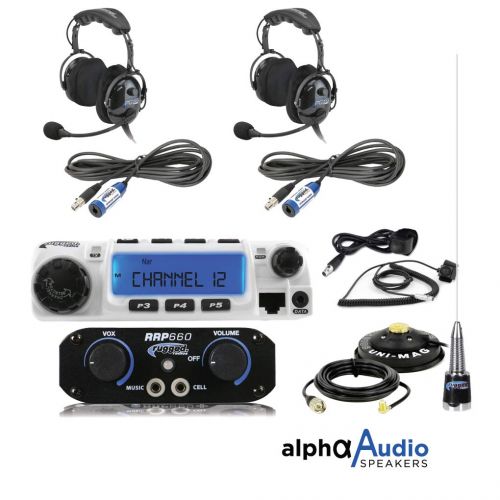  Rugged Radios RRP660 Intercom and RM60 60 Watt VHF Two Way Mobile Radio 2 Place Race System Kit with Over The Head Headsets, Push to Talk Cables, Intercom Cables, Antenna and Anten