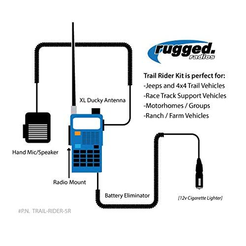  Rugged Radios TRAIL-RIDER-5R 5 Watt Dual Band (UHFVHF) Two Way Handheld Radio Kit with Ducky Antenna, Hand Mic, 12 Volt Battery Eliminator and Radio Mount