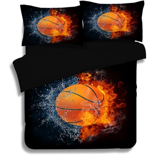  RuiHome 3D Fire Basketball Print 4 Pieces Duvet Cover Sets for Teen Children Boys Dorm Bedroom Full Size