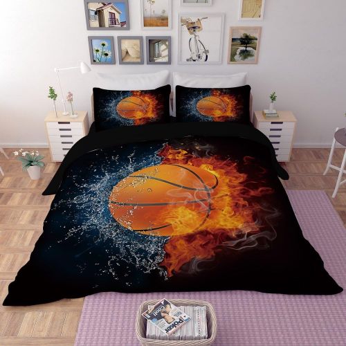  RuiHome 3D Fire Basketball Print 4 Pieces Duvet Cover Sets for Teen Children Boys Dorm Bedroom Full Size