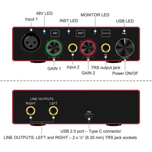  RuiPuo USB Audio Interface with Mic Preamplifier XLR audio interface 48v 2 channel for streaming Support Instrument Guitar or Bass Smartphone Tablet Computer and Other Equipment Recording