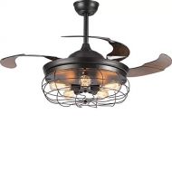 RuiWing 42 Vintage industrial ceiling fan with light and remote control, Edison fan chandelier Remote control ceiling fan chandelier with retractable blade black painted for dining room/li