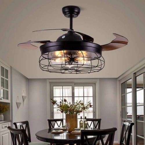  RuiWing 42 Vintage industrial ceiling fan with light and remote control, Edison fan chandelier Remote control ceiling fan chandelier with retractable blade black painted for dining roomli