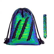 Rukie Mermaid Sequin Drawstring Bags Reversible Sequins Backpack Glittering Outdoor Sports Bag Dance Bag With Slap Bracelet for Girls Kids Women Birthday Party Favors (Black/Color)