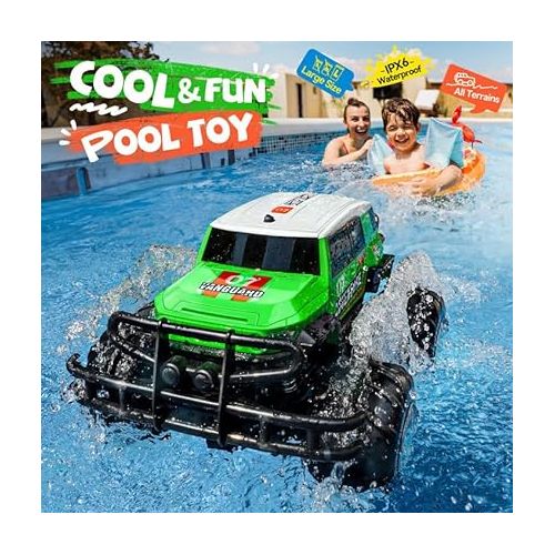  Ruko 1601AMP2 Amphibious Remote Control Car, 1:10 RC Car Toys for Boys, IPX6 Waterproof Monster Truck with Lights for All Terrain, 2 Rechargeable Batteries, Gifts for Kids (Green)