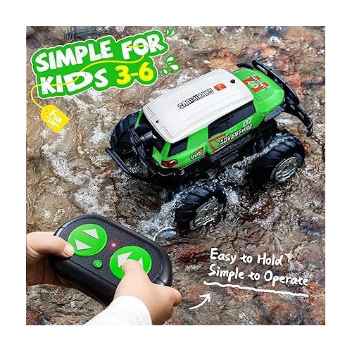  Ruko 1601AMP2 Amphibious Remote Control Car, 1:10 RC Car Toys for Boys, IPX6 Waterproof Monster Truck with Lights for All Terrain, 2 Rechargeable Batteries, Gifts for Kids (Green)