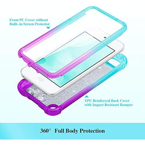  [아마존베스트]iPod Touch 7th 6th 5th Generation Case, Ruky iPod Touch 5 6 7 Full Body Glitter Case with Built in Screen Protector Shockproof Protective Girls Bling Liquid Floating Case (Teal Pur