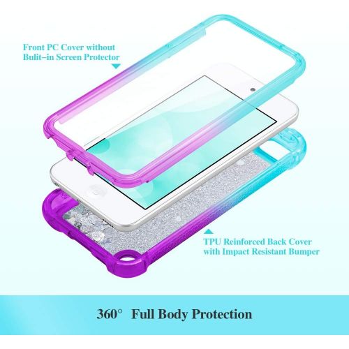  [아마존베스트]iPod Touch 7th 6th 5th Generation Case, Ruky iPod Touch 5 6 7 Full Body Glitter Case with Built in Screen Protector Shockproof Protective Girls Bling Liquid Floating Case (Teal Pur