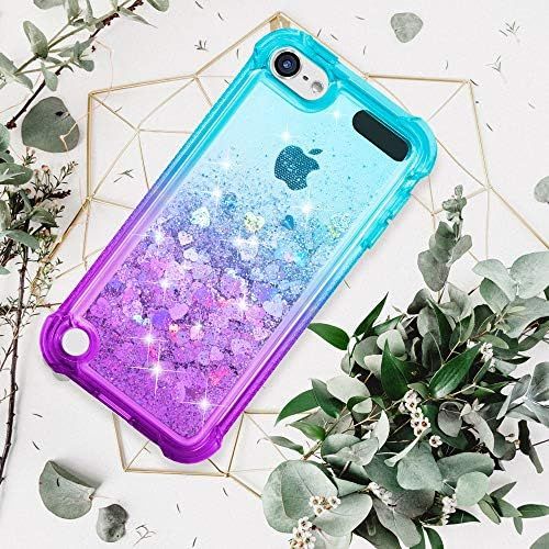  [아마존베스트]iPod Touch 7th 6th 5th Generation Case, Ruky iPod Touch 5 6 7 Full Body Glitter Case with Built in Screen Protector Shockproof Protective Girls Bling Liquid Floating Case (Teal Pur