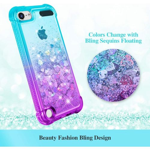  [아마존베스트]iPod Touch 7th 6th 5th Generation Case, Ruky iPod Touch 5 6 7 Full Body Glitter Case with Built in Screen Protector Shockproof Protective Girls Bling Liquid Floating Case (Teal Pur