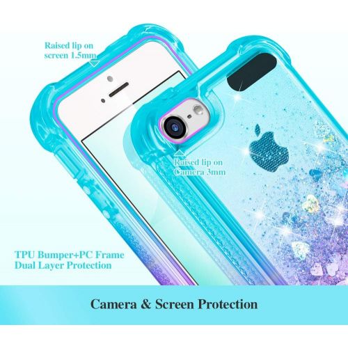  [아마존베스트]iPod Touch 7th 6th 5th Generation Case, Ruky iPod Touch 5 6 7 Full Body Glitter Case with Built in Screen Protector Shockproof Protective Girls Bling Liquid Floating Case (Teal Pur