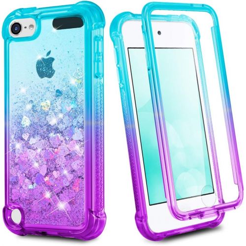  [아마존베스트]iPod Touch 7th 6th 5th Generation Case, Ruky iPod Touch 5 6 7 Full Body Glitter Case with Built in Screen Protector Shockproof Protective Girls Bling Liquid Floating Case (Teal Pur