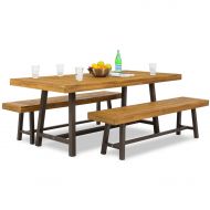 Rungfa 3 PC Acacia Wood Picnic Dining Table 2 Bench Set Rustic Furniture Outdoor Indoor