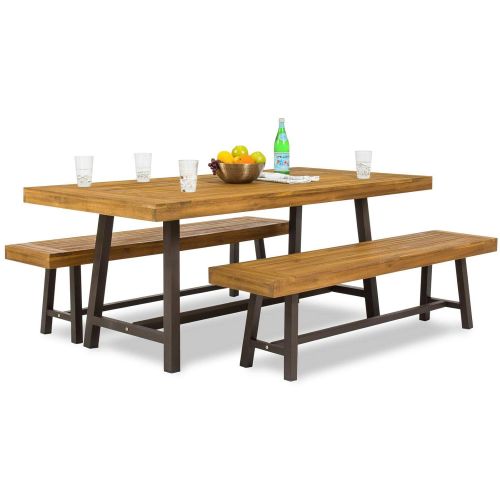  Rungfa 3 PC Acacia Wood Picnic Dining Table 2 Bench Set Rustic Furniture Outdoor Indoor