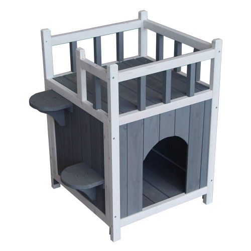  Rungfa Outdoor Wood Cat House Pet Home Cat Shelter Condo with Stair Balcony Shelter