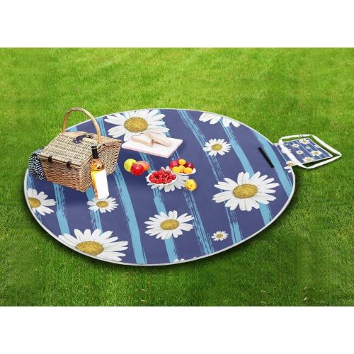  RunningBear Beautiful White Daisies Large Picnic Outdoor Blanket Waterproof Handy Picnic Mat for Family Camping Beach Park, Round 59 inch