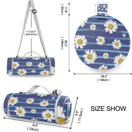  RunningBear Beautiful White Daisies Large Picnic Outdoor Blanket Waterproof Handy Picnic Mat for Family Camping Beach Park, Round 59 inch