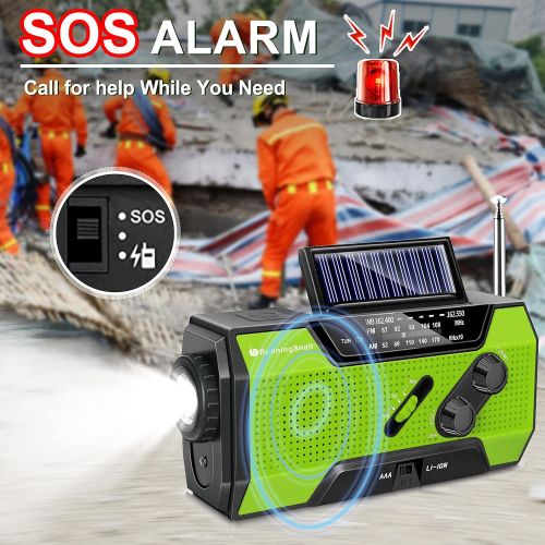  [아마존베스트]RunningSnail Solar Crank NOAA Weather Radio for Emergency with AM/FM, Flashlight, Reading Lamp and 2000mAh Power Bank (Green)