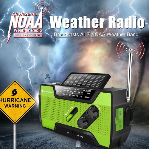  [아마존베스트]RunningSnail Solar Crank NOAA Weather Radio for Emergency with AM/FM, Flashlight, Reading Lamp and 2000mAh Power Bank (Green)