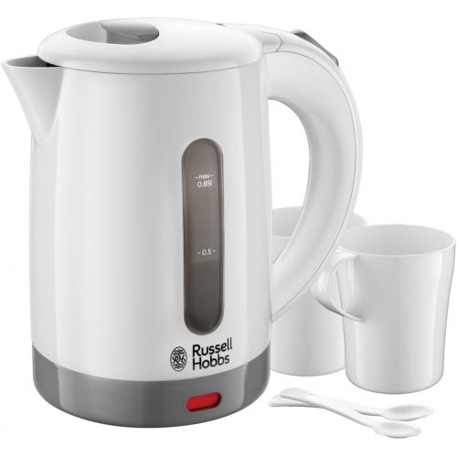  Russell Hobbs Travel Wasserkocher, 0,85l, 1000W, weltweite Spannungsanpassung, inkl. 2 Tassen & 2 Teeloeffel, optimierte Ausgusstuelle, kompakter kleiner Reisewasserkocher, mini Teek