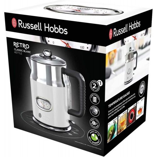  Russell Hobbs Wasserkocher, Retro weiss, 1,7l, 2400W, Schnellkochfunktion, Wassertemperaturanzeige im Retrodesign, Fuellmengenmarkierung, optimierte Ausgusstuelle, Vintage Teekocher