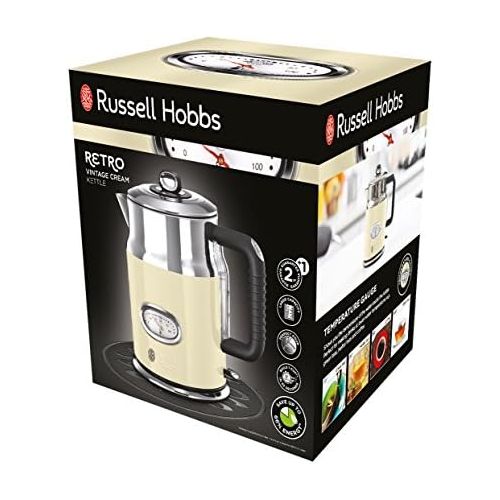  Russell Hobbs Wasserkocher, Retro creme, 1,7l, 2400W, Schnellkochfunktion, Wassertemperaturanzeige im Retrodesign, Fuellmengenmarkierung, optimierte Ausgusstuelle, Vintage Teekocher