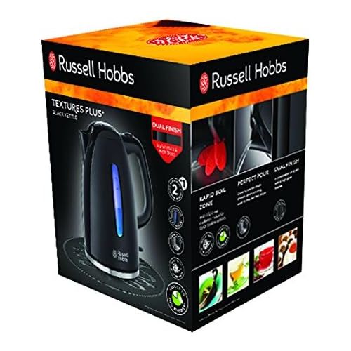  Russell Hobbs Wasserkocher Textures+, 1,7l, 2400W, LED Beleuchtung, Schnellkochfunktion, optimierte Ausgusstuelle, herausnehmbarer Kalkfilter, Teekocher schwarz 22591-70 [Energiekla